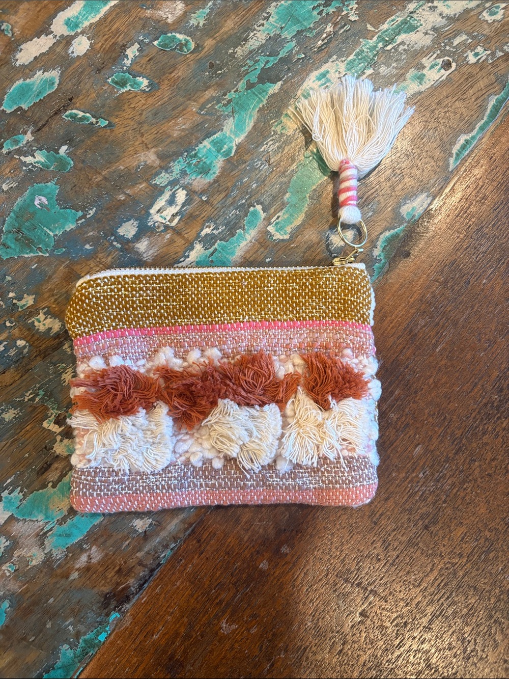Anthropologie Tassel Zip Coin Pouch in Mustard, Pink & Cream